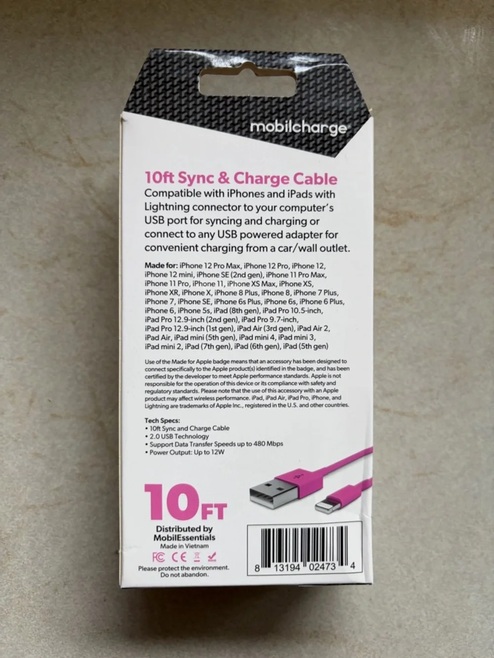 mobilecharge 10ft Lightning to USB Sync & Charge Cable in pink